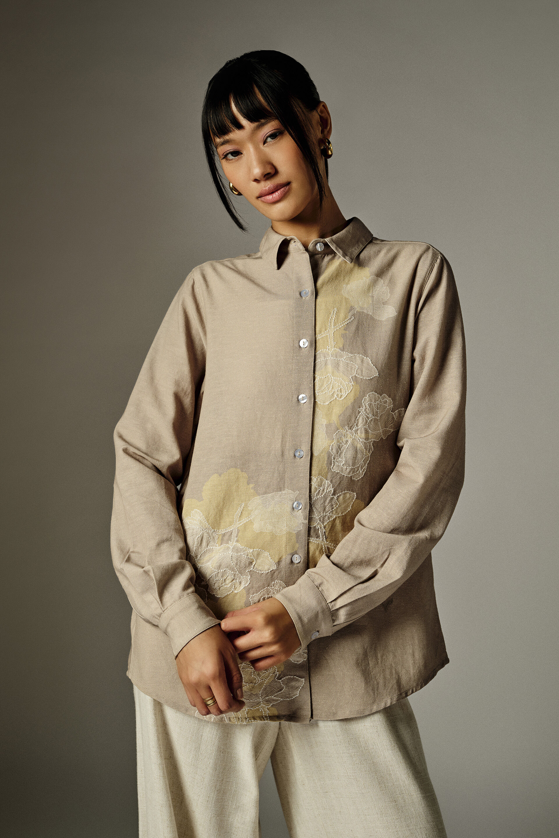 Nathalie Beige Embroidered Shirt, Beige, image 1